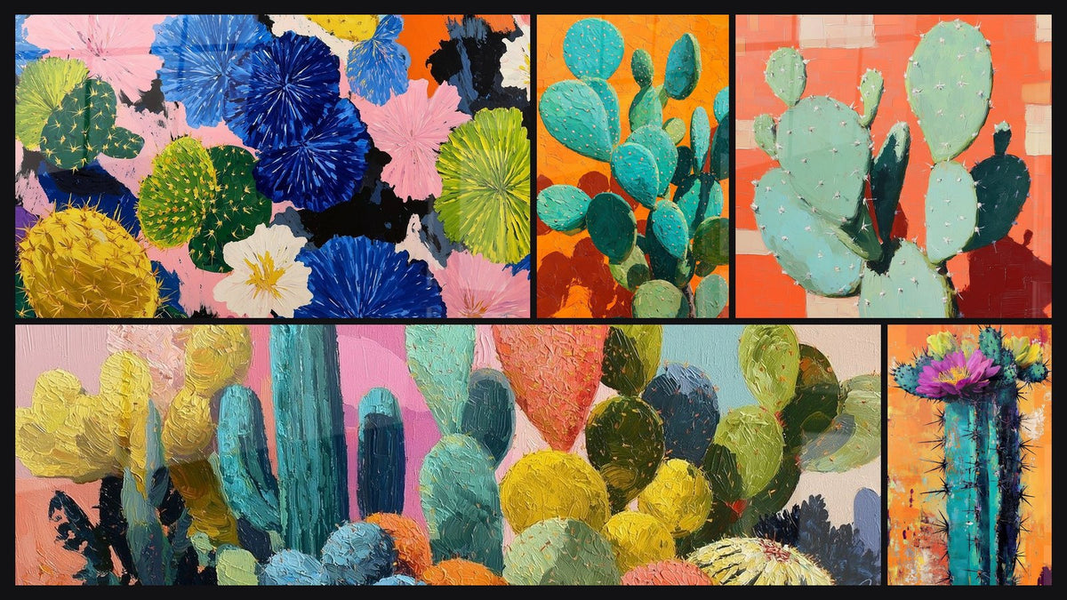 Mosaïque de cinq tableaux, dont Cactus Turquoise sur Fond Orange Vif et Cactus aux tons orangés et verts
