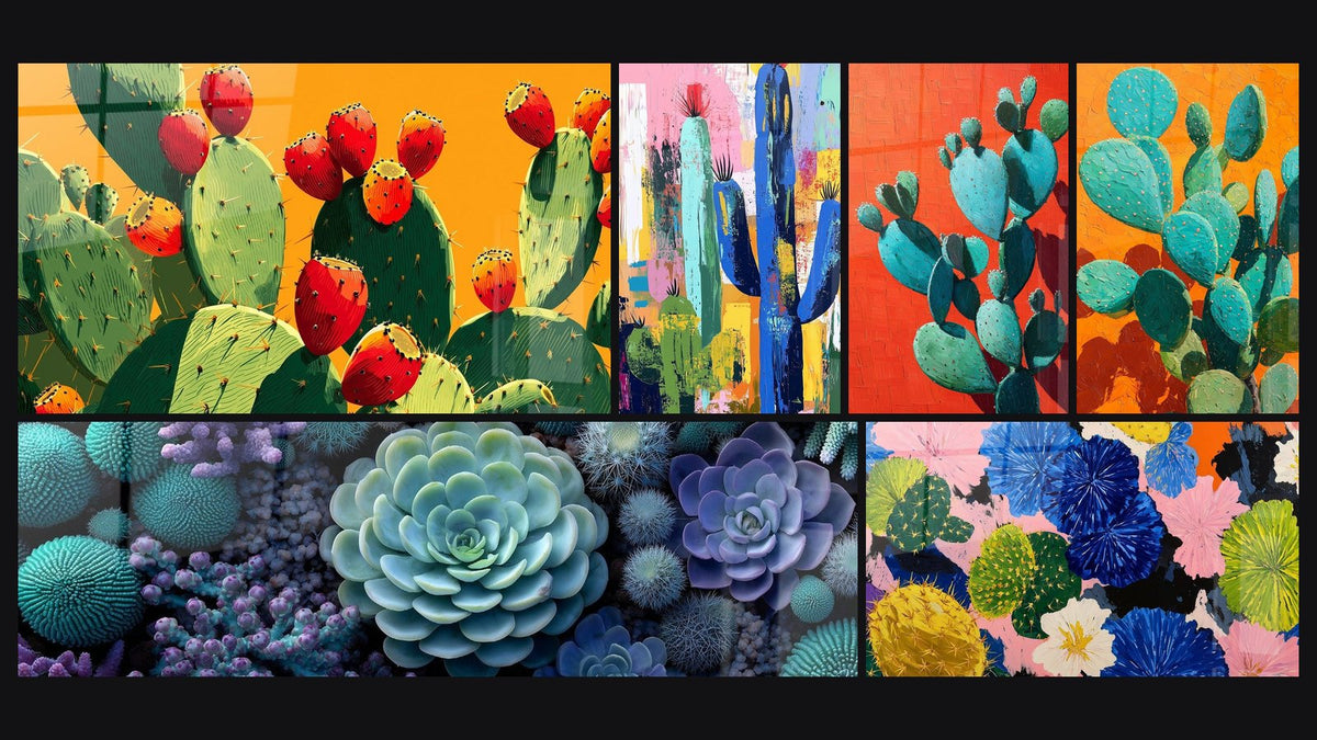 Mosaïque de six tableaux, dont Cactus Bleu-Vert sur Fond Orange Éclatant et Cactus Turquoise sur Fond Orange Vif