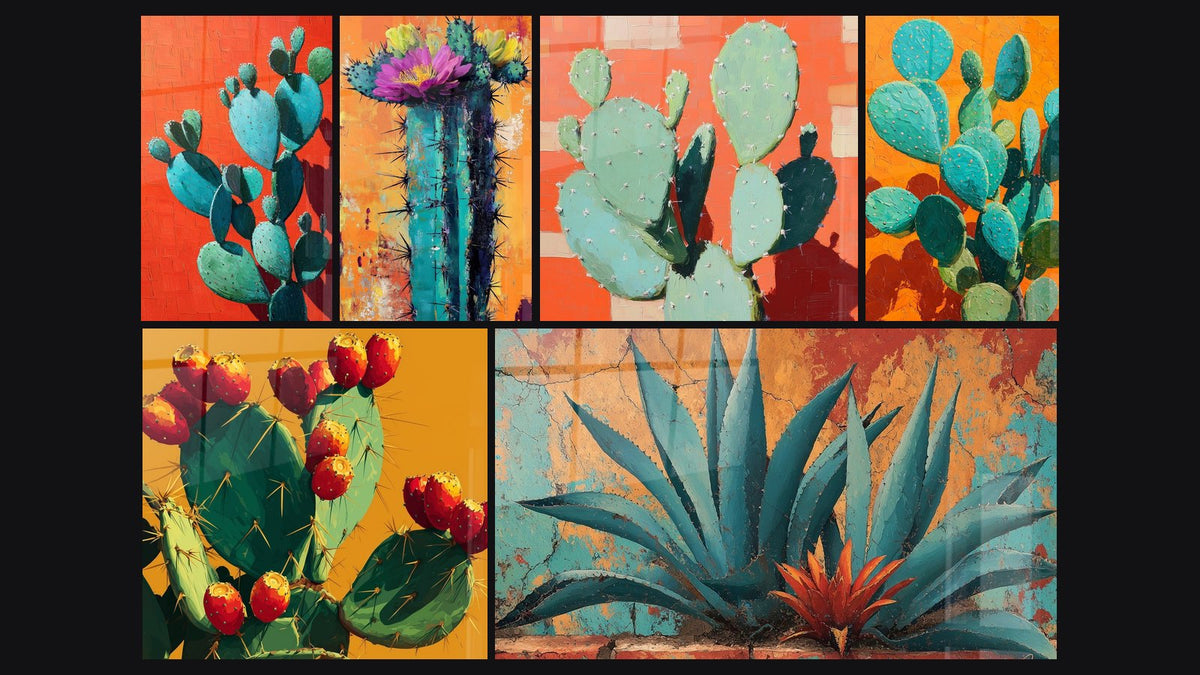 Mosaico di sei quadri, tra cui Cactus Tonalità Arancioni e Verdi e Cactus Turchese su Fondo Arancione Vivace