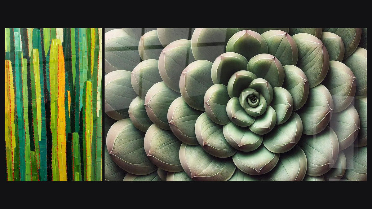 Deux tableaux côte à côte, dont Géométrie du Vert