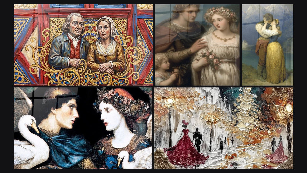 Mosaik aus fünf Gemälden, darunter Traditionelles Bretonisches Paar, Liebespaar Göttliche Liebe und Schwanenpaar Boten