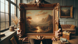 Mains offrant un tableau encadré aux tons intemporels, représentant un paysage classique aux couleurs naturelles et palette durable