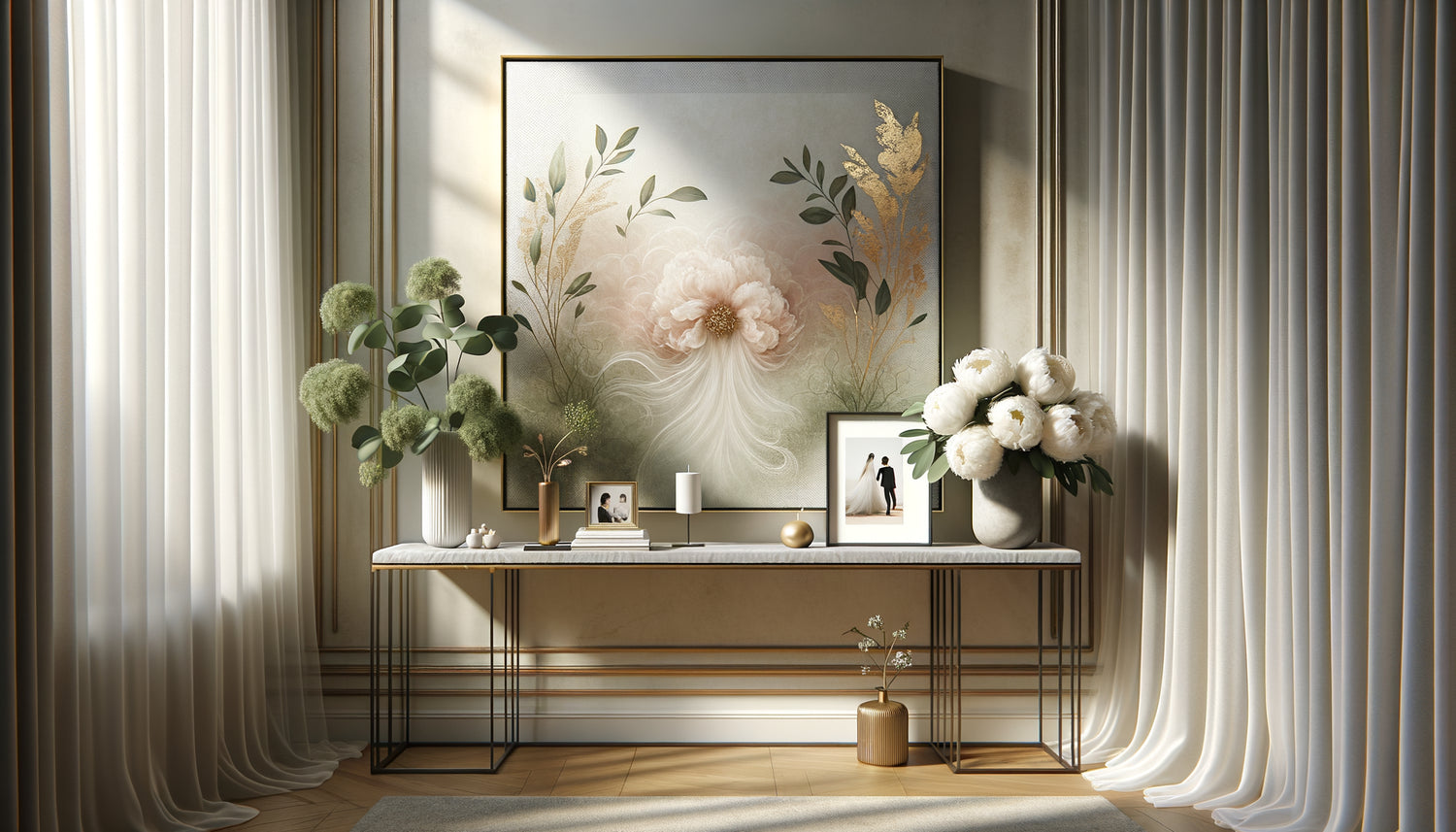 Tableau abstrait romantique aux tons pastel offert comme cadeau de mariage, exposé dans intérieur contemporain élégant