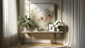 Tableau abstrait romantique aux tons pastel offert comme cadeau de mariage, exposé dans intérieur contemporain élégant