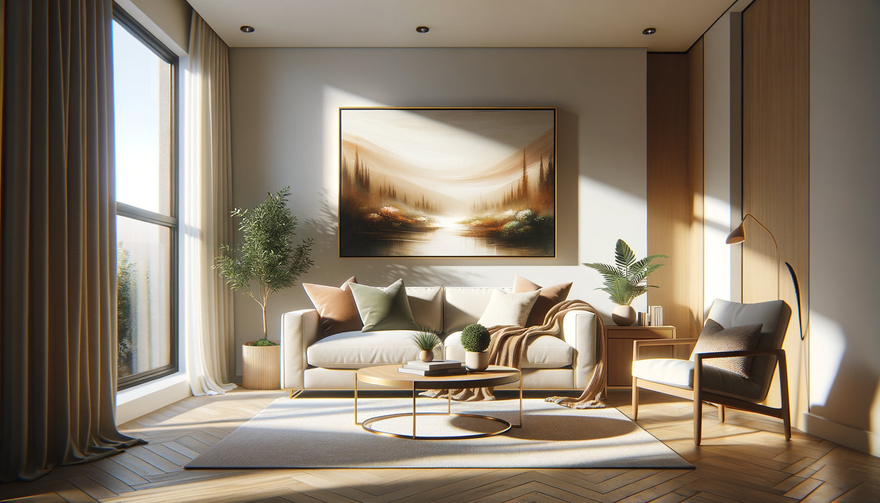 Tableau décoratif accroché dans salon chaleureux lors d'une pendaison de crémaillère contemporaine