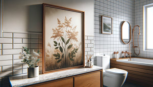 Tableau encadré en bois verni suspendu dans une salle de bain moderne avec carrelage blanc et ambiance spa