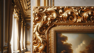 Gros plan sur cadre doré baroque avec ornements sculptés et feuille d'or, détails raffinés et élégants