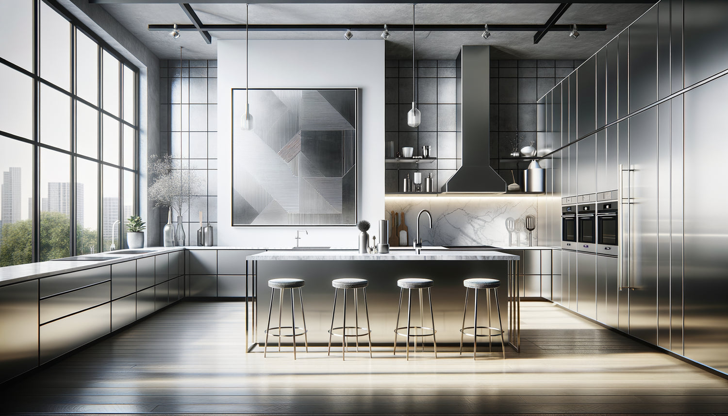 Cuisine moderne minimaliste avec tableau encadré de métal argenté sur mur blanc près d'électroménagers en acier inoxydable