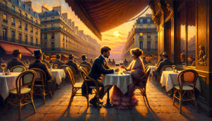 Peinture impressionniste de couple romantique dans un café parisien Belle Époque, lumière dorée et ambiance intime