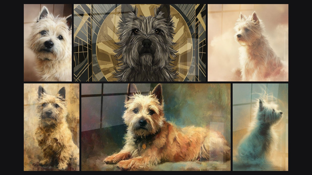 Mosaïque de six tableaux, dont Chien aux Tons Dorés sur Fond Patiné et Chien aux Tons Dorés et Portrait Lumineux