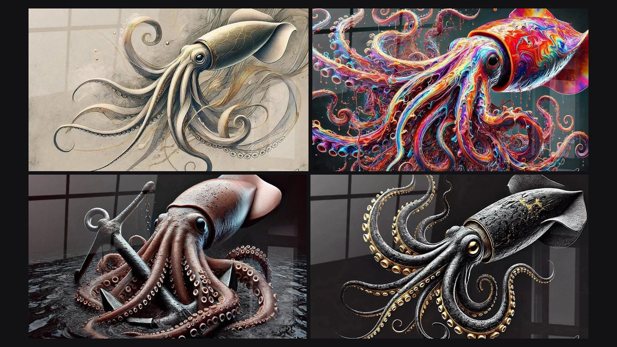Mozaïek van vier schilderijen, waaronder Vleugels van de Zee, Oceaanbewaker en Gepantserde Gouden Plaat