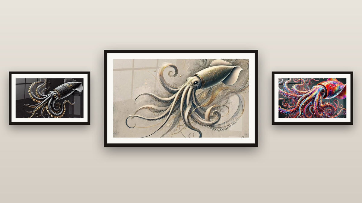 Mur de galerie avec trois tableaux encadrés : Cuirasse Dorée, Ailes de la Mer et Trésor des Océans