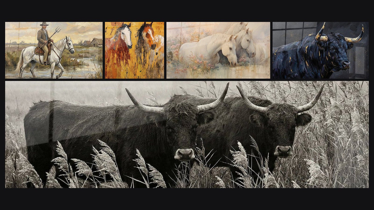 Mosaïque de cinq tableaux, dont Gardian Camargue, Chevaux Sauvages et Taureaux de Camargue