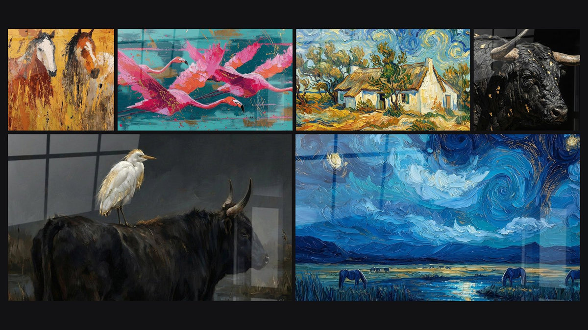 Mosaïque de six tableaux, dont Chevaux Sauvages, Flamants Roses et Aigrette sur Taureau