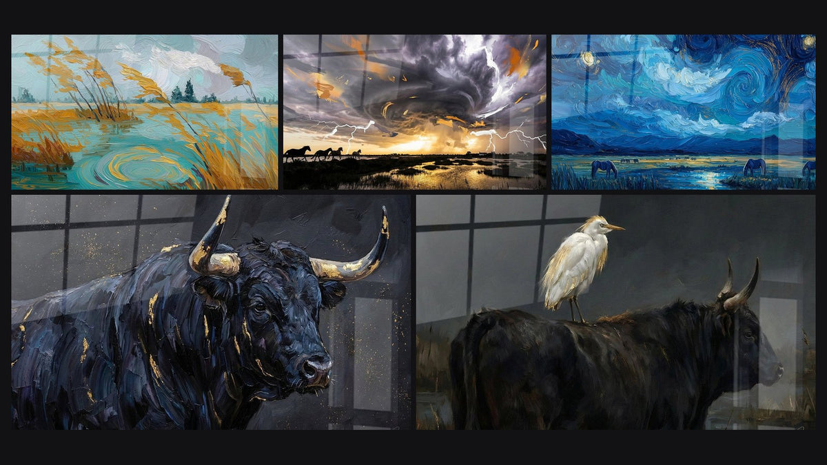 Mosaïque de cinq tableaux, dont Paysage Marécageux, Chevaux Sauvages et Chevaux Camarguais