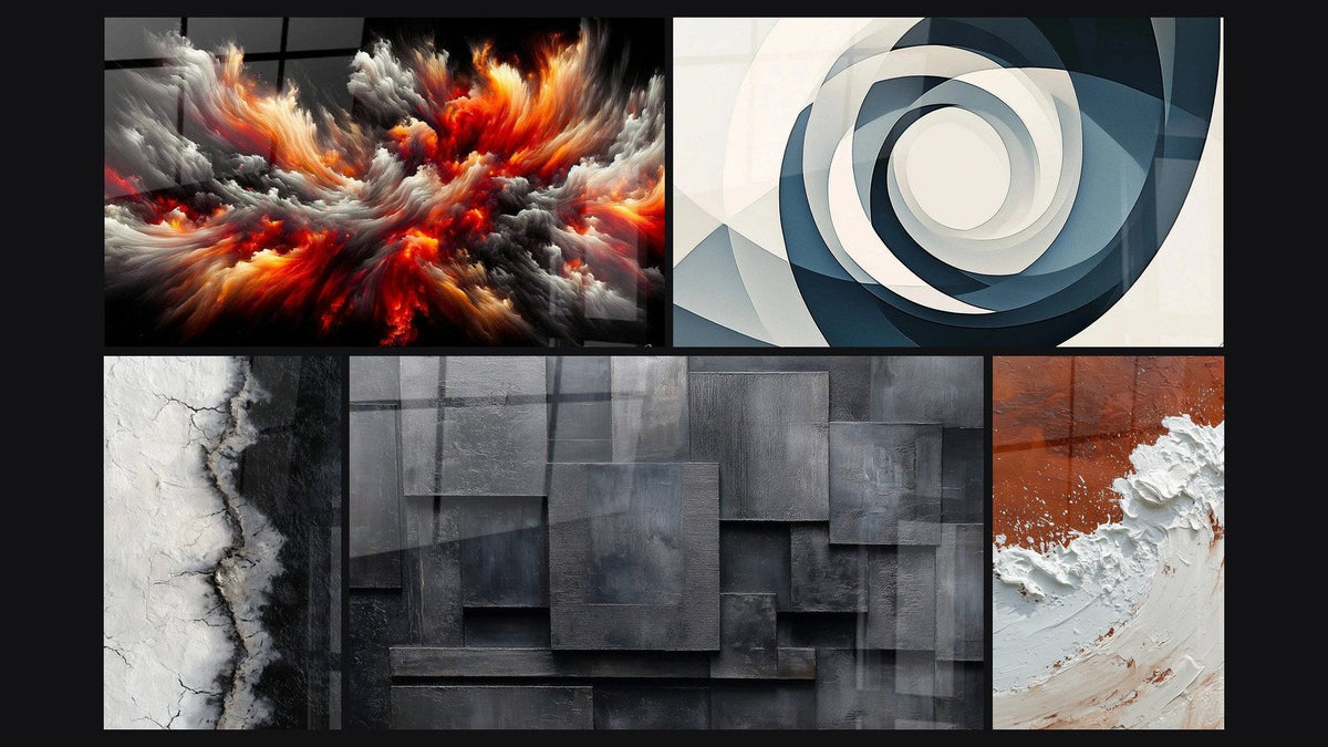 Mosaïque de cinq tableaux, dont Tempête Solaire Abyssale et Vortex Azur