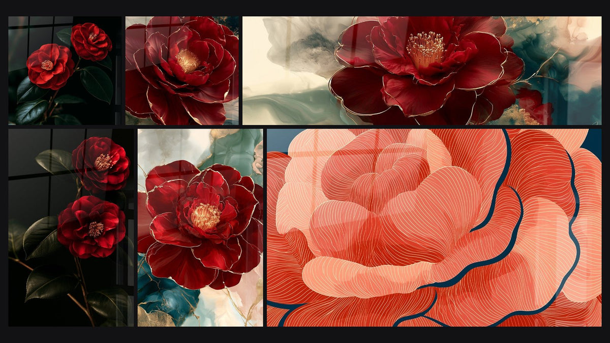 Mosaik aus sechs Gemälden, darunter Rote Kamelien mit Dunkelgrünem Laub und Camelia rot und golden auf Marmorfond