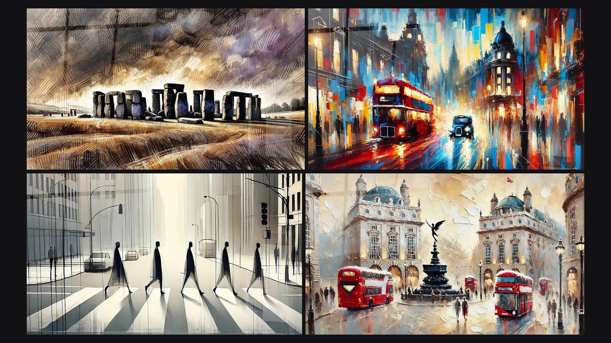 Mosaïque de quatre tableaux, dont Anglais N°2, Londres N°1 et Beatles Abbey Road N°1