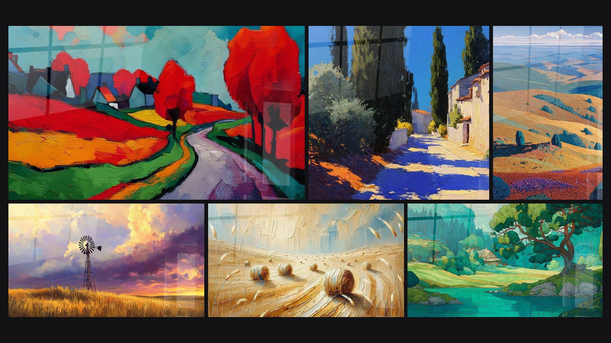 Mosaïque de six tableaux, dont Paysage rural coloré, Village méditerranéen et Moisson céleste