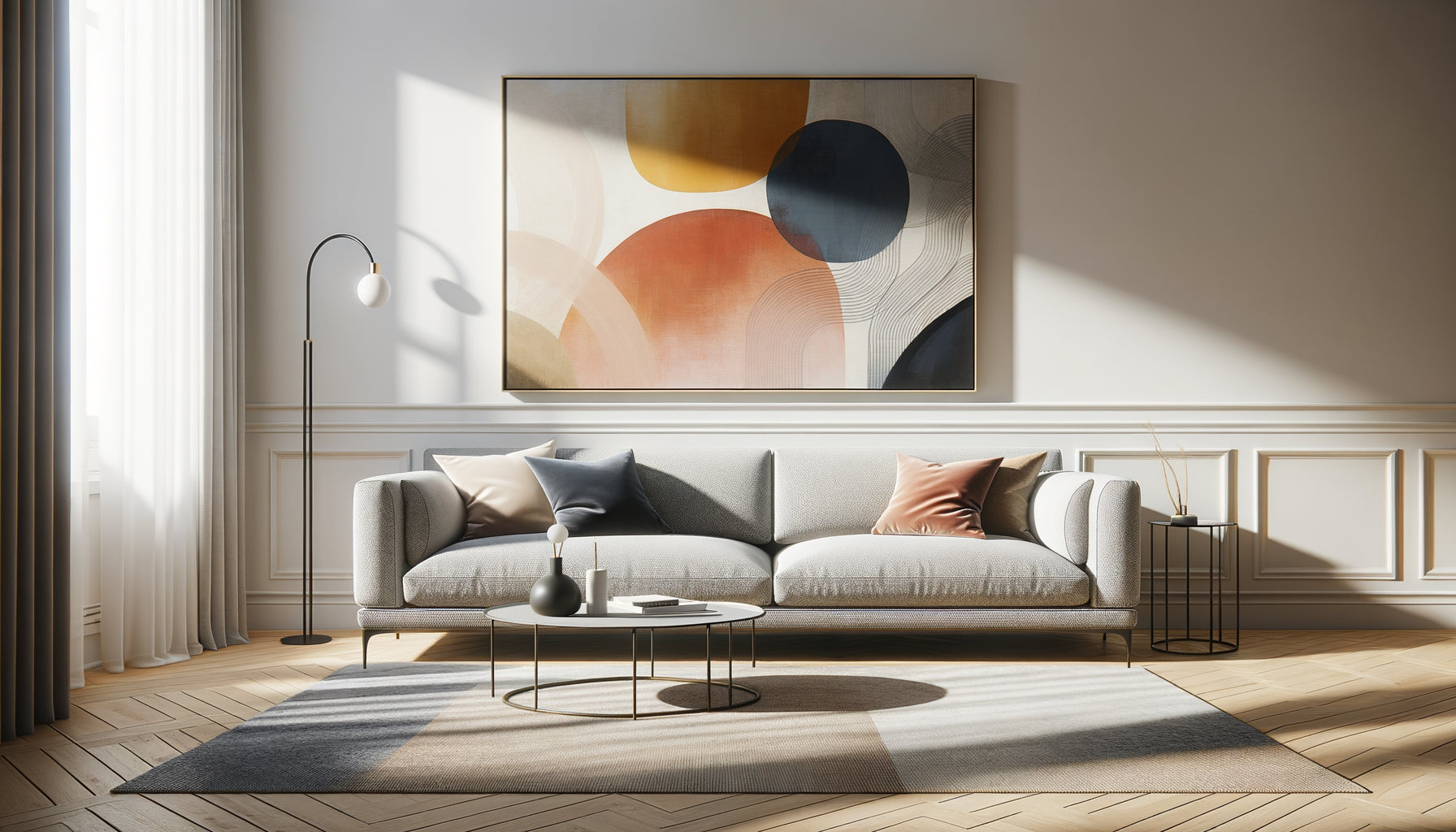 Salon contemporain avec canapé gris et tableau abstrait aux tons chauds créant une harmonie parfaite