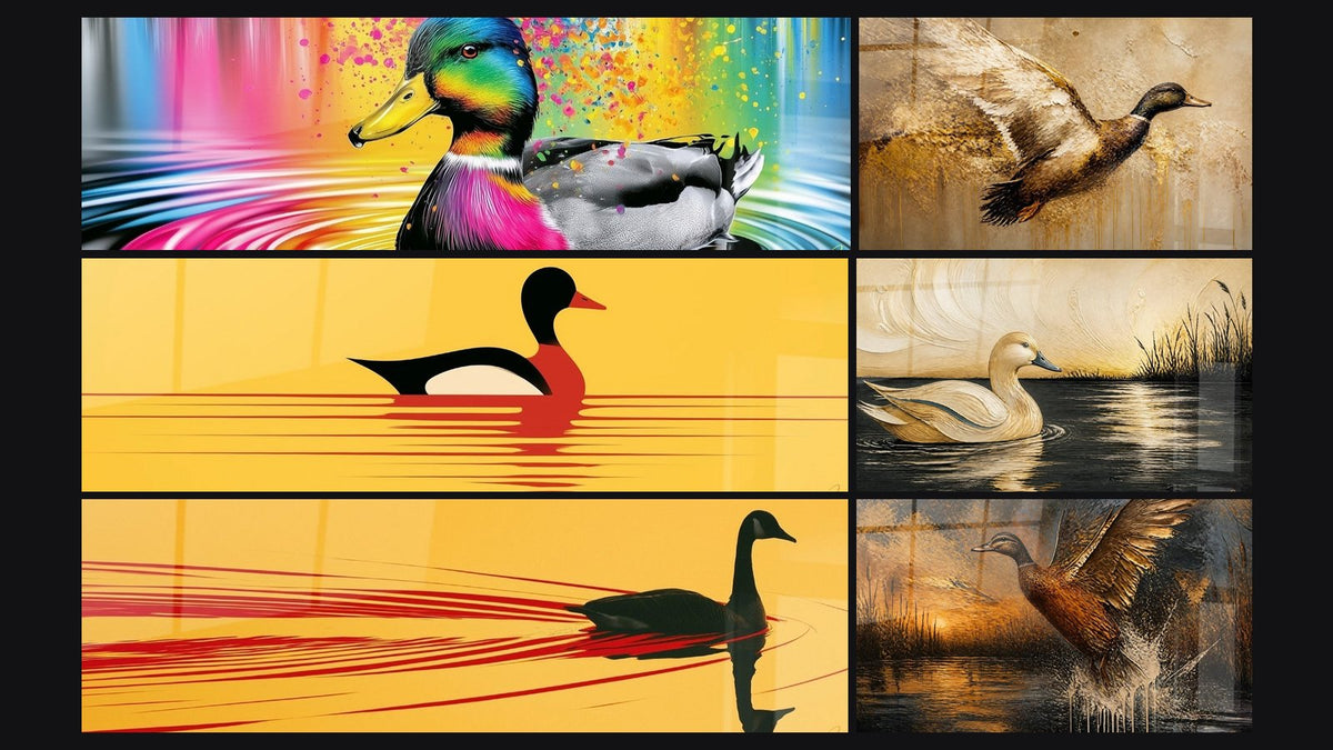 Mosaïque de six tableaux, dont Canard noir et rouge sur eau jaune et Silhouette noire et rouge sur fond safran