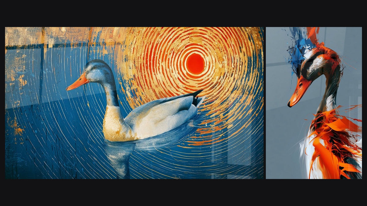 Deux tableaux côte à côte : Canard blanc sur cercles bleus et orangés et Canard au plumage orange éclaboussé