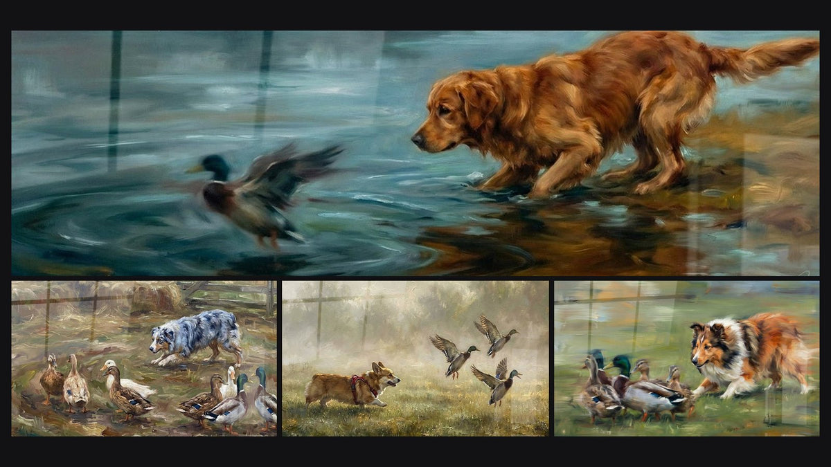 Mosaïque de quatre tableaux, dont Golden Retriever et Canard en Action