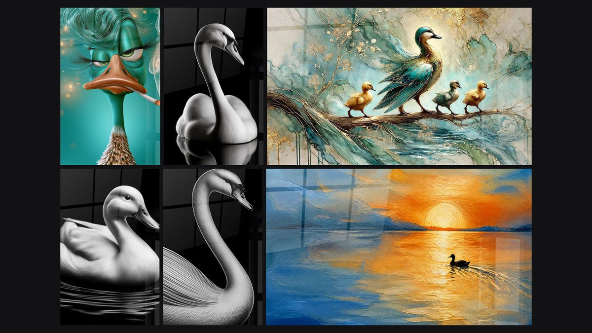 Mosaïque de six tableaux, dont Canard turquoise au regard blasé et Cygne blanc et noir au long cou incliné