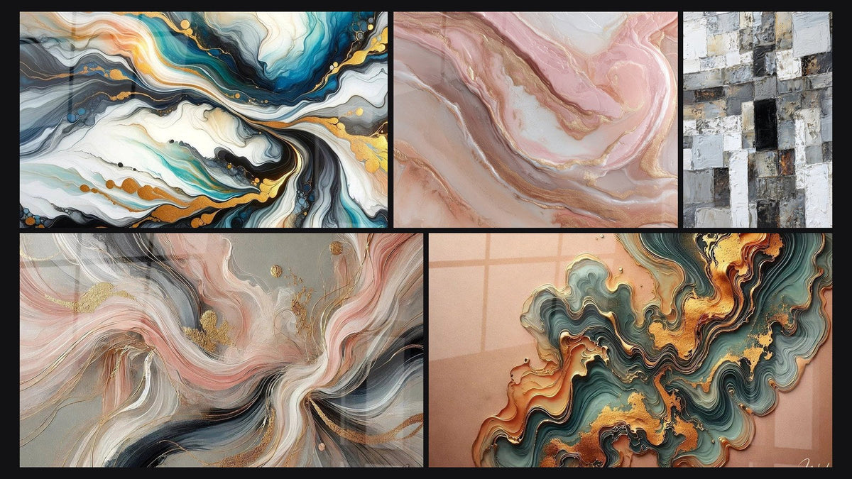 Mosaïque de cinq tableaux, dont Courants Colorés, Flots de Soie et Mosaïque Abstraite Gris et Blanc