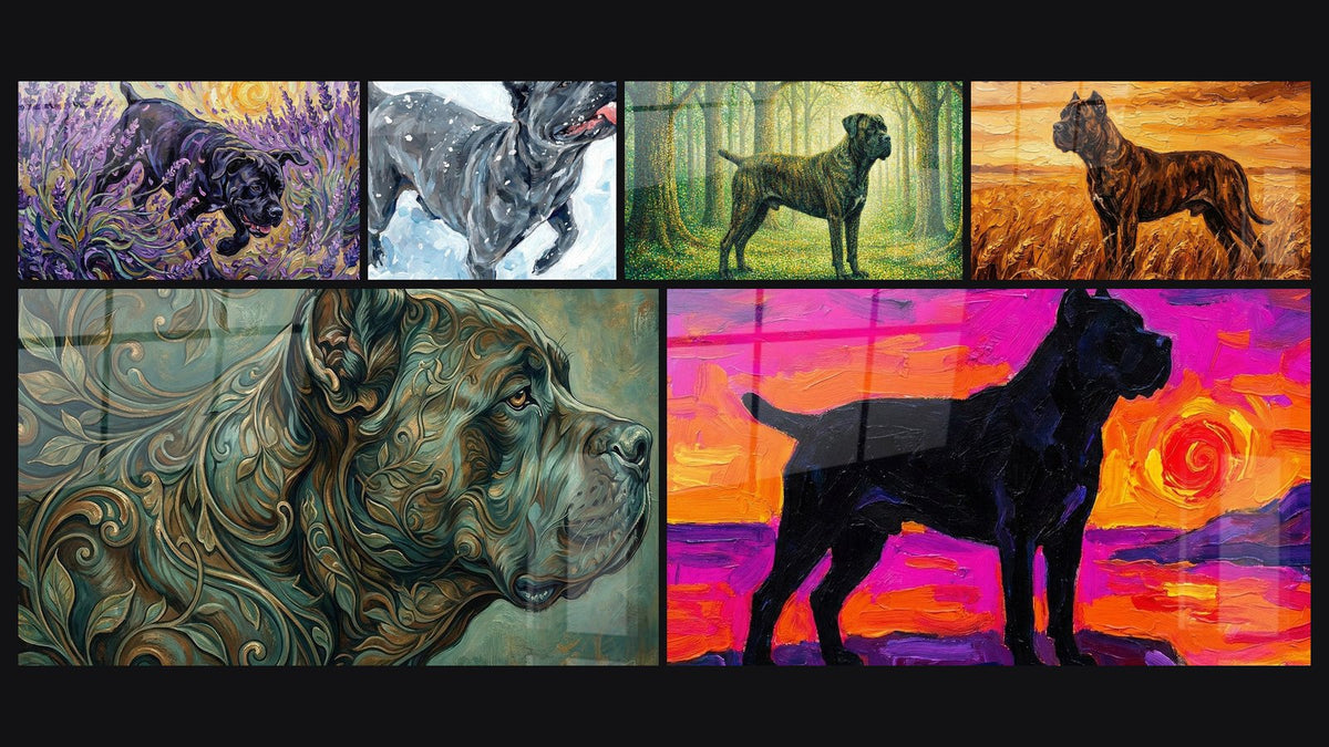 Mosaïque de six tableaux, dont Chien Gris Jouant dans la Neige et Chien Noir dans Forêt Pointilliste