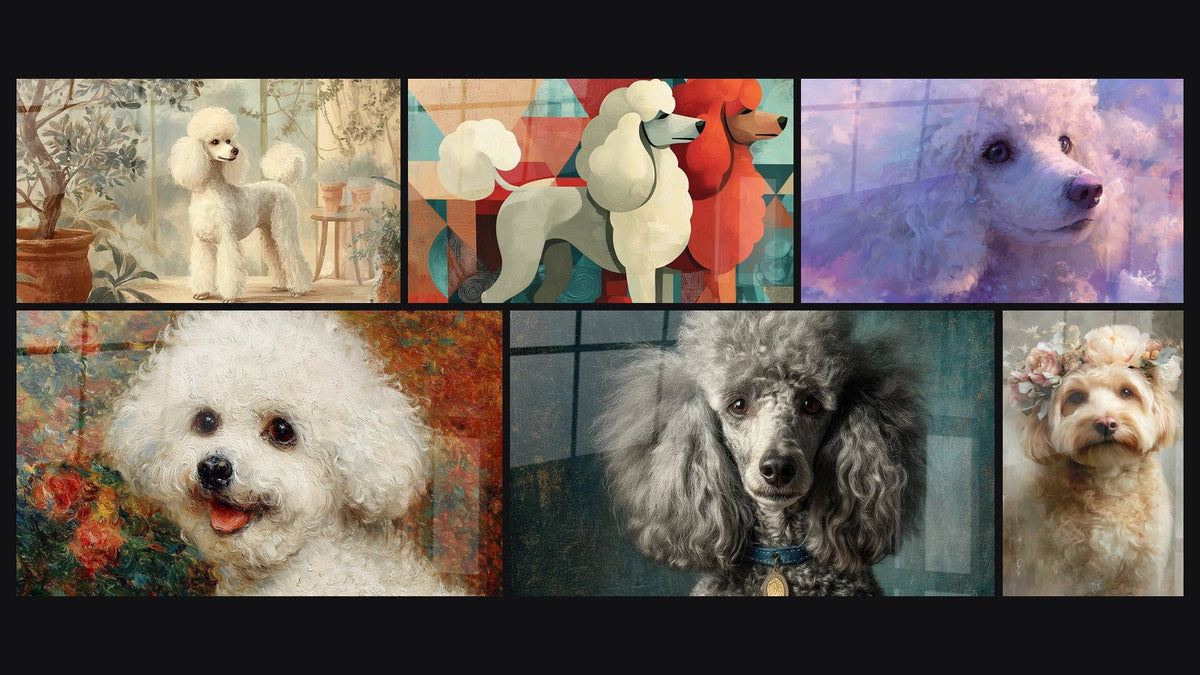 Mosaïque de six tableaux, dont Caniche Blanc Élégant dans Jardin d'Hiver et Caniche Stylisé aux Formes Géométriques