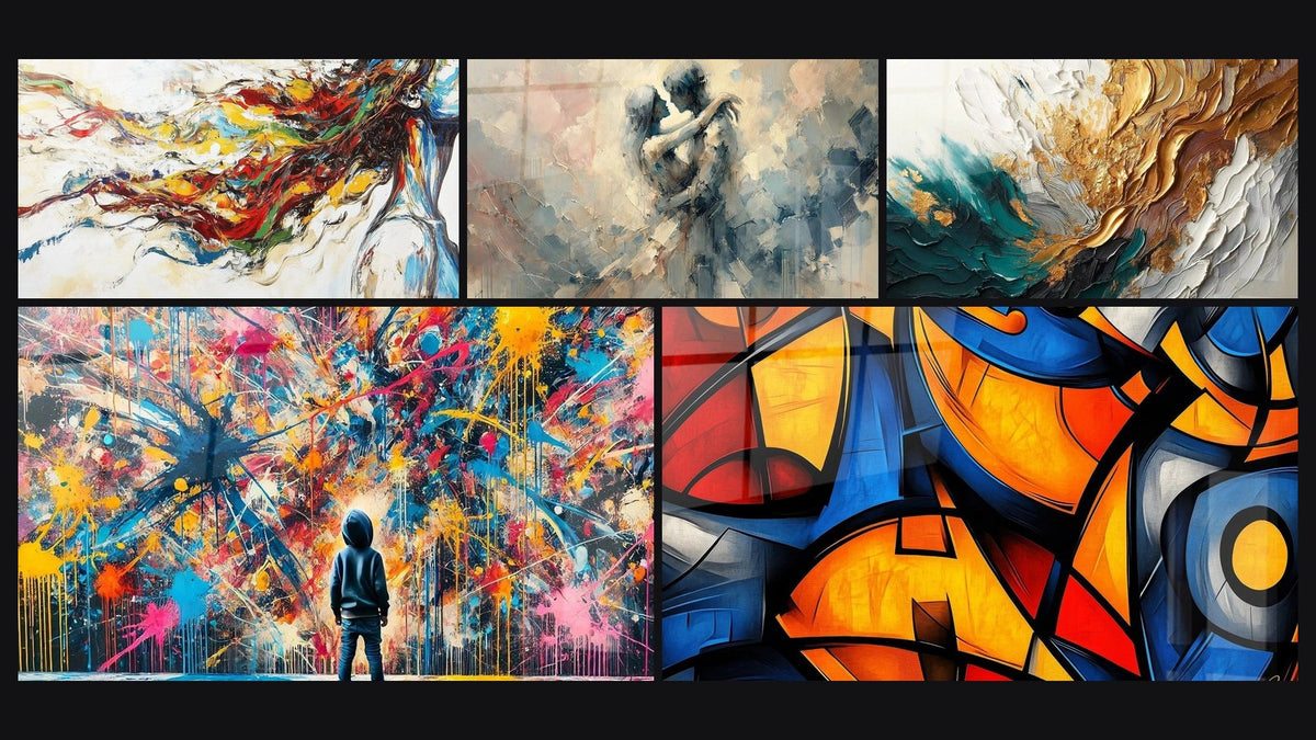 Mosaic of five paintings, including Modern Muse, Paint Bursts and Between Us