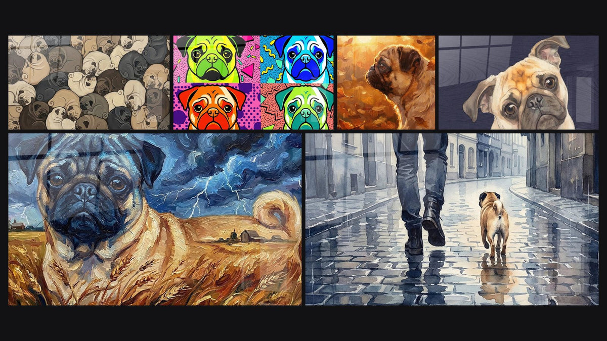 Mosaïque de six tableaux, dont Quatre Carlins Pop Art Multicolores et Portrait de Carlin aux Tons Dorés