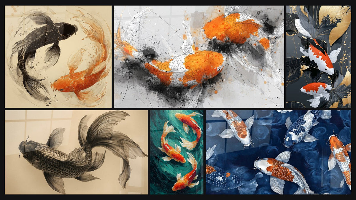Mosaïque de six tableaux, dont Carpes koï noire et orange en cercle et Carpes orange et blanches à l'encre