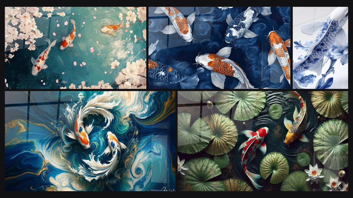 Mosaïque de cinq tableaux, dont Carpe koi jardin d'éternité, Carpe koï Rêve de bassin et Danse des Koi