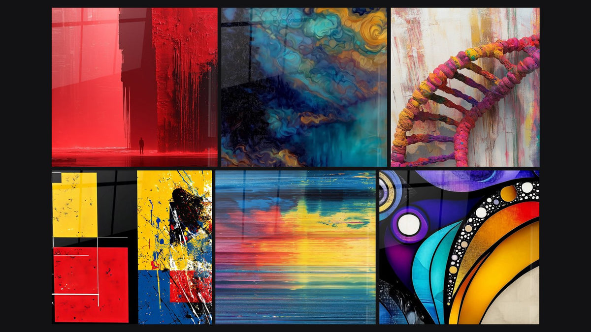 Mosaico de seis cuadros, entre ellos Silueta roja y negra en un pasillo, Abstracto geométrico colorido y Abstracto colorido