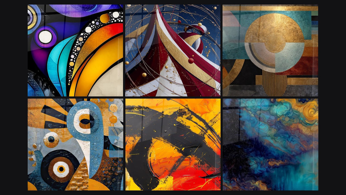 Mosaïque de six tableaux, dont Abstrait contemporain, Abstrait Cosmique et Abstrait géométrique doré