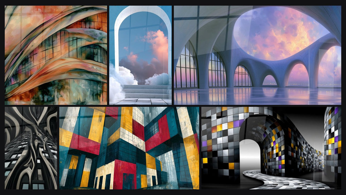 Mosaïque de six tableaux, dont Arche blanche bleu et corail sur nuages et Arches bleues et ouverture nuageuse
