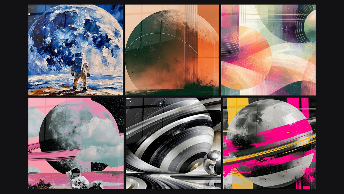 Mosaic of six paintings, including Saturn Rings Black and Silver and Orbital Spheres Coral and Plum