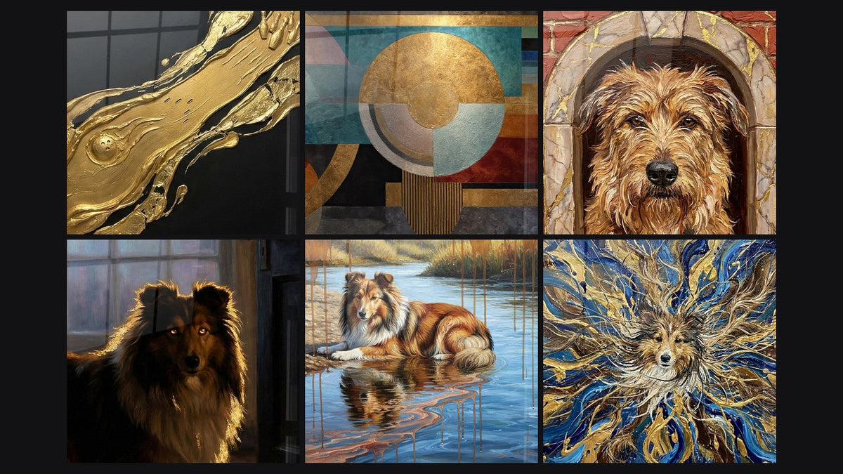 Mosaïque de six tableaux, dont Abstrait doré et Abstrait géométrique doré