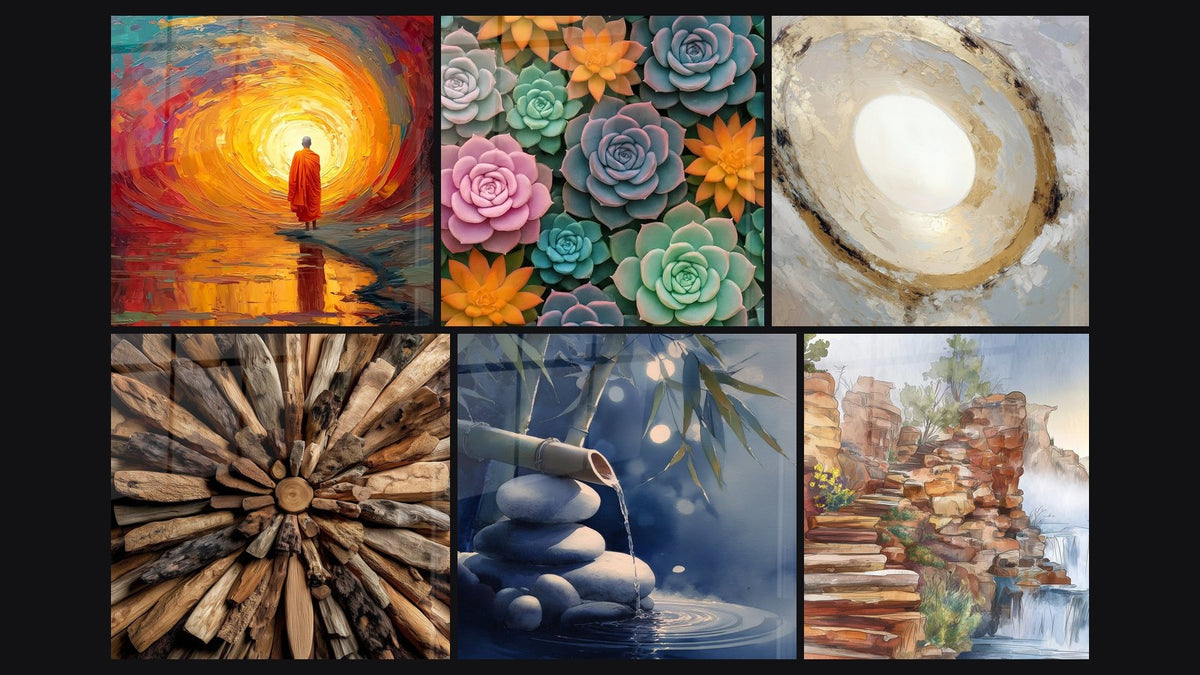 Mosaïque de six tableaux, dont Cactus Pastel -Édition Fleur Nature et Cascade rocheuse