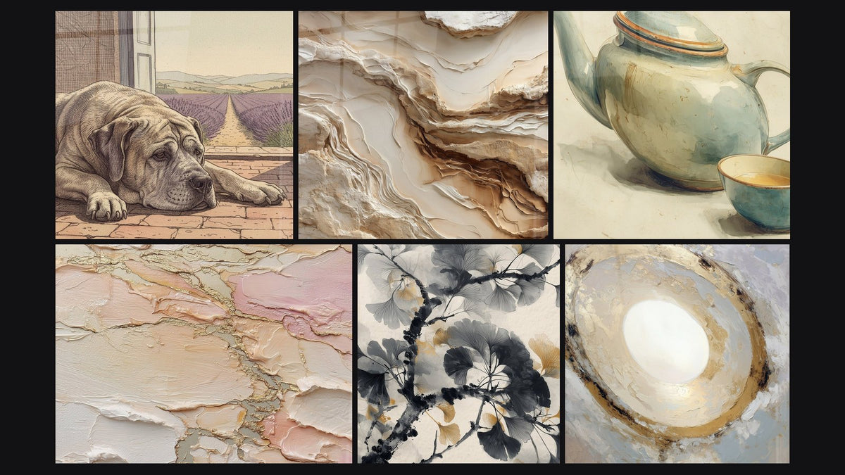 Mosaico de seis cuadros, entre ellos Abstracto de Ondas Beige y Crema y Abstracto texturizado beige rosa dorado