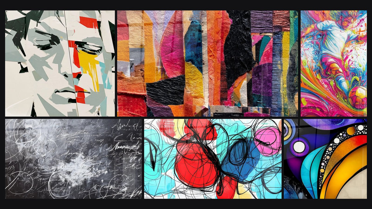 Mosaic of six paintings, including Fragmented Face gray and red geometric, Multicolor Abstract and Abstract Calligraphy