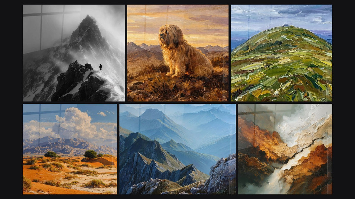 Mosaico de seis cuadros, entre ellos Alpinista Montaña, Paisaje desierto con montañas nevadas y Paisaje Montañoso