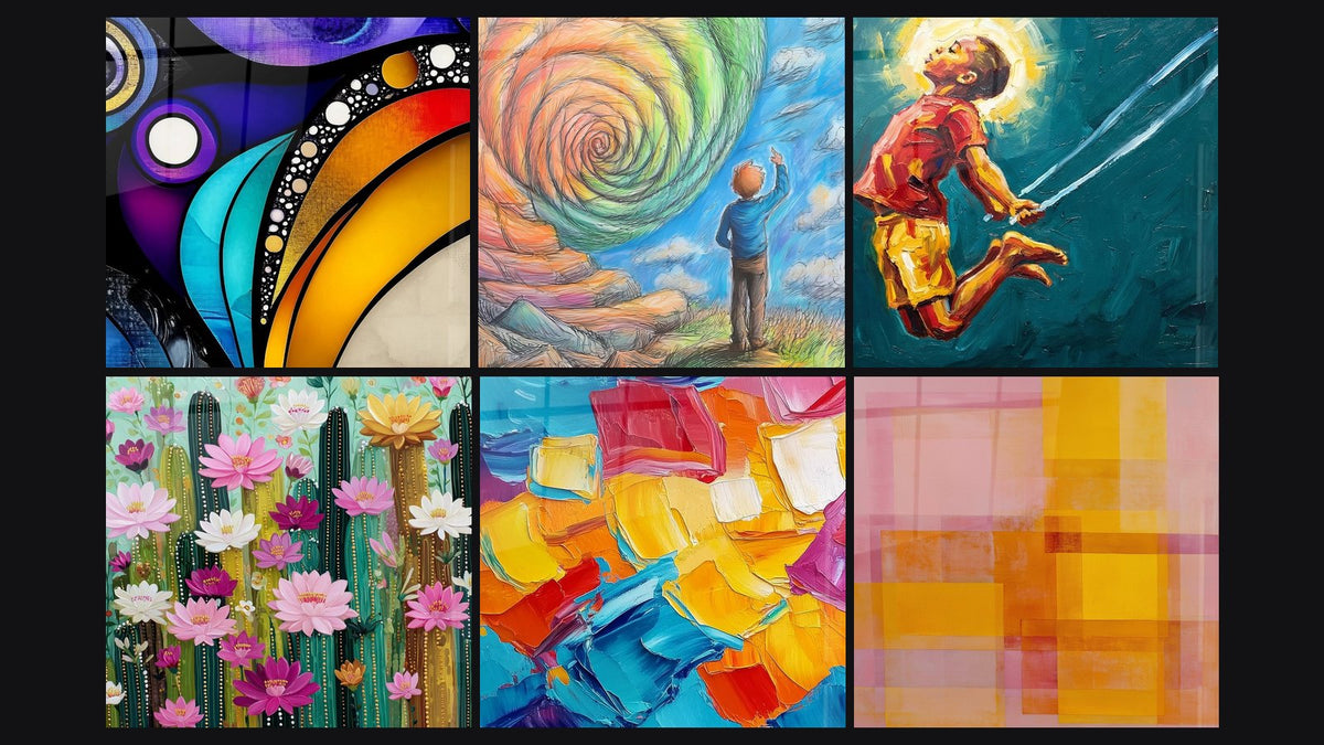 Mosaïque de six tableaux, dont Abstrait contemporain, Enfant contemplant spirale cosmique et Enfant Corde à Sauter