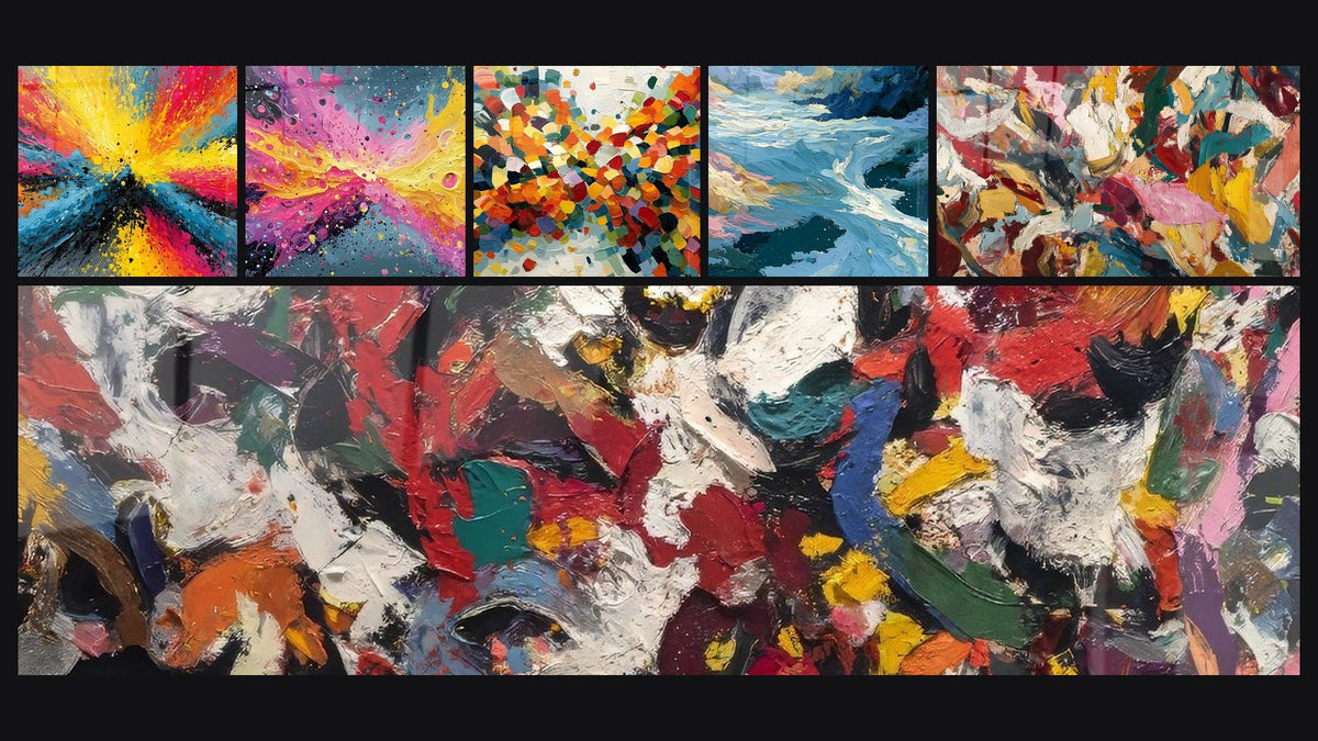 Mosaic of six paintings, including Yellow and Blue Splatter and Orange and Blue Explosion with Impasto
