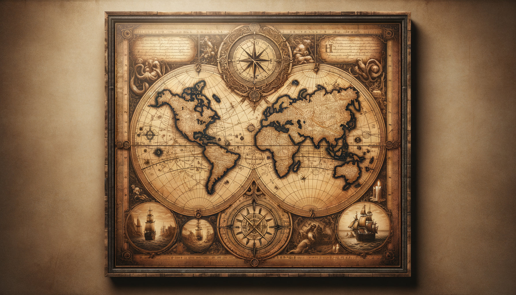 Carte ancienne du 17ème siècle style parchemin avec rose des vents, navires et monstres marins, texture vieillie authentique