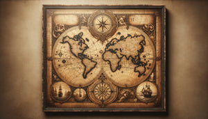 Carte ancienne du 17ème siècle style parchemin avec rose des vents, navires et monstres marins, texture vieillie authentique