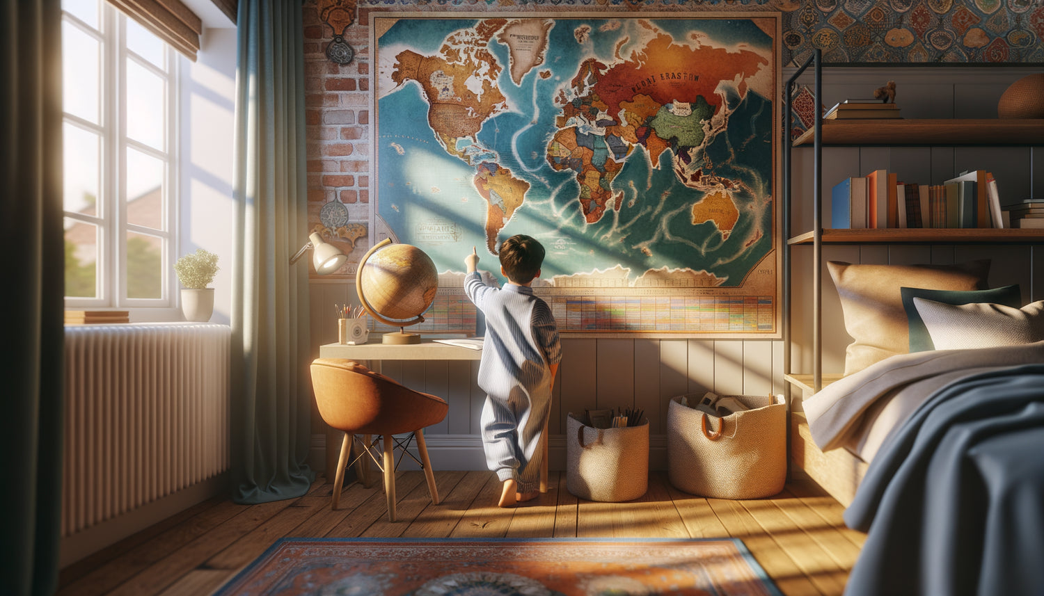 Enfant curieux pointant du doigt un tableau de carte du monde colorée dans sa chambre éducative