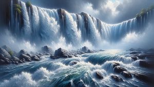 Peinture rapprochée de cascade puissante avec coups de pinceau dynamiques évoquant le mouvement et le son de l'eau